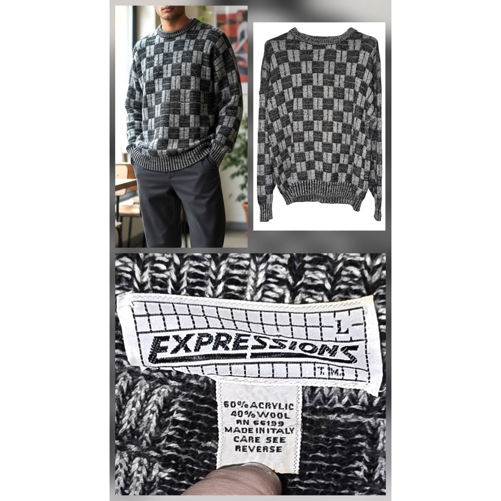 Vintage Expressions Sweater Men Size L Grandpa‎ Wool Checked Patchwork Oversized